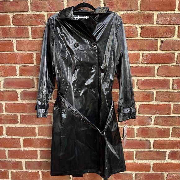 JANE POST $595 High Gloss Trench Coat Black Women’s Large New - Picture 2 of 16